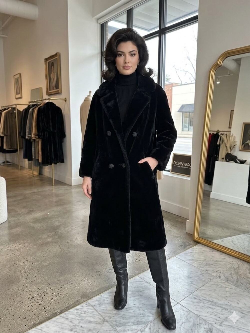 VTG Donnybrook Glenoit Women's Black Plush Faux Fur Long Coat Mob Wife Medium